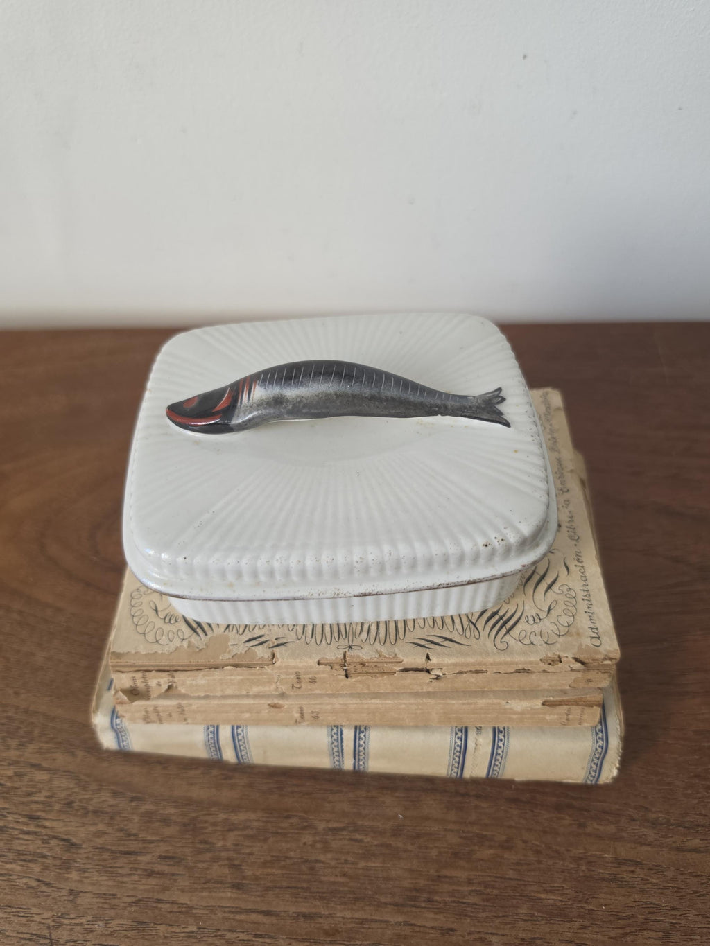 Antique French Porcelain Sardine Box, Hand Painted Fish Trinket Box, France Ceramic Lidded Box, Coastal Nautical Decor