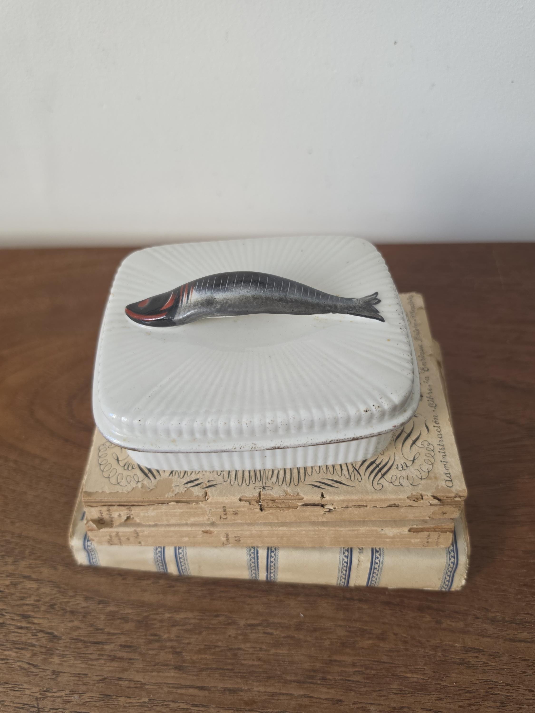 Antique French Porcelain Sardine Box, Hand Painted Fish Trinket Box, France Ceramic Lidded Box, Coastal Nautical Decor