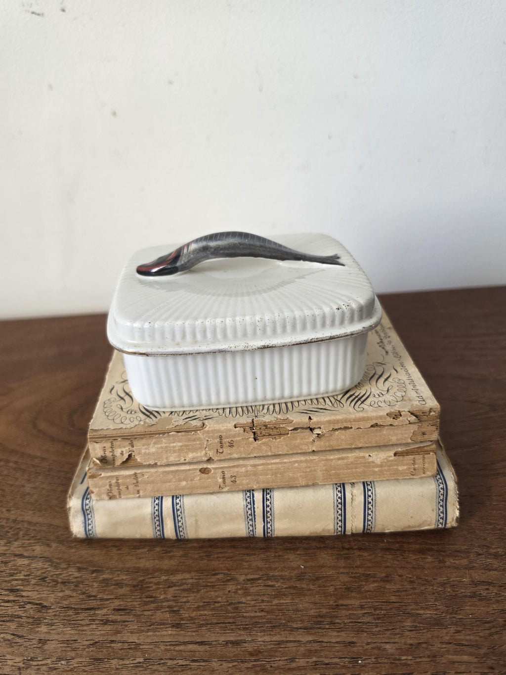 Antique French Porcelain Sardine Box, Hand Painted Fish Trinket Box, France Ceramic Lidded Box, Coastal Nautical Decor