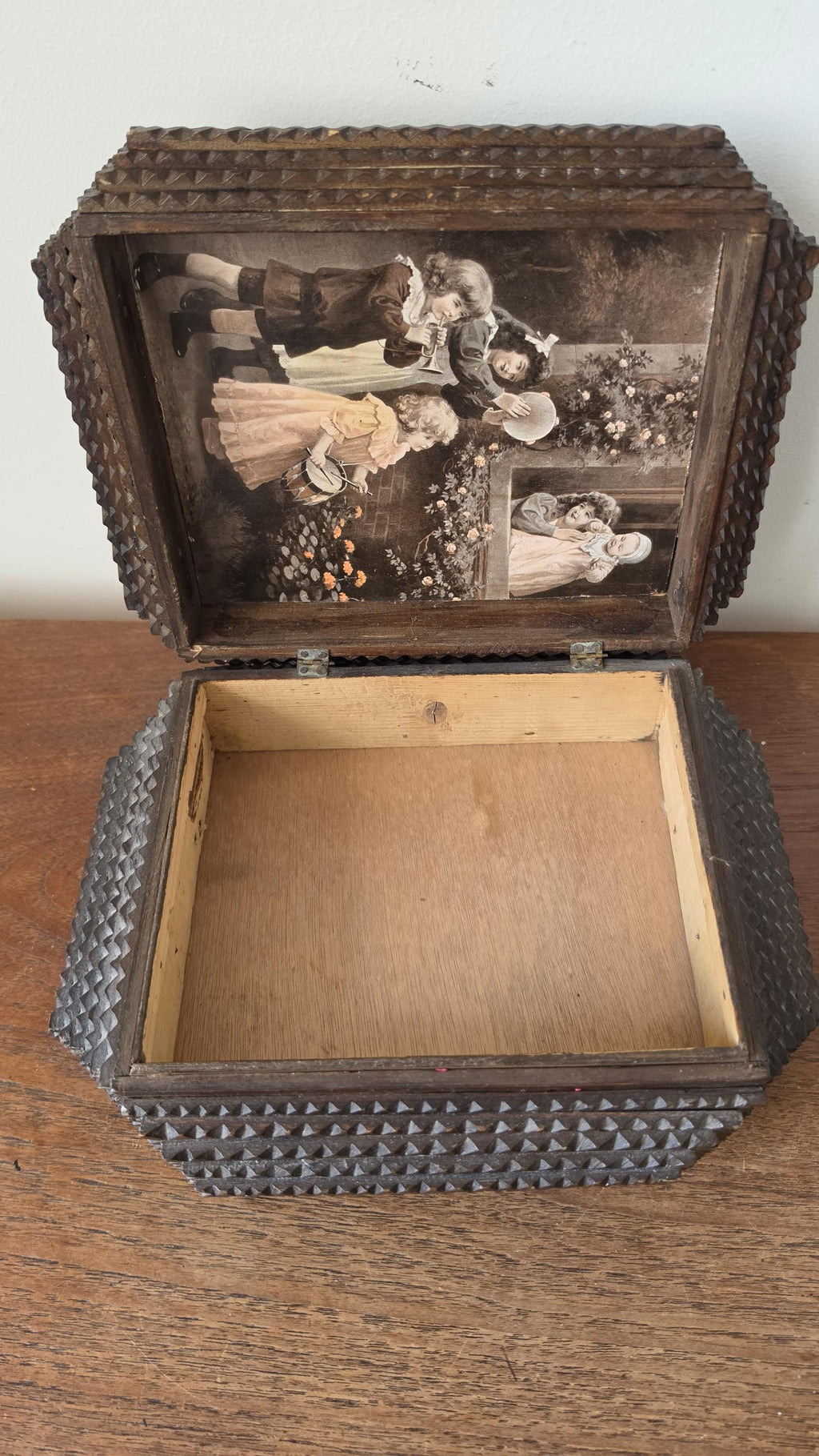Antique Tramp Art Box, Hand Carved Wooden Keepsake Box, Chip Carved Folk Art Jewelry Box, Primitive Storage Casket, Black Forest Style Decor