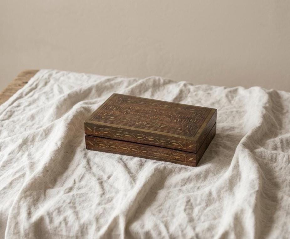 Vintage Wooden Trinket Box with Brass Inlay