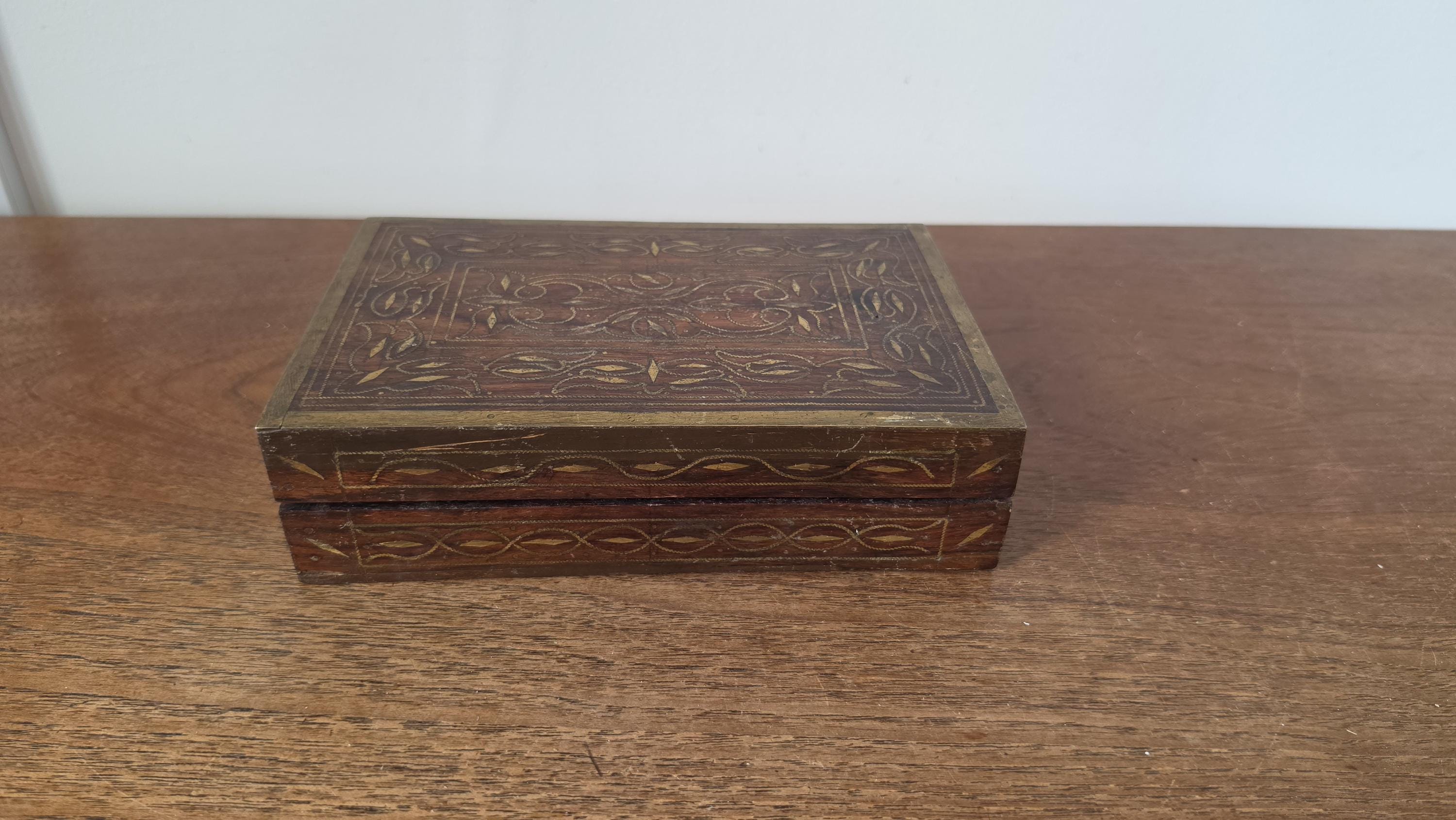 Vintage Wooden Trinket Box with Brass Inlay, Handcrafted Jewelry Box, Decorative Keepsake Box, Rustic Wood Storage Box, Mid Century Casket
