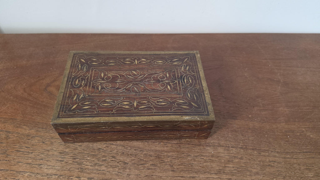 Vintage Wooden Trinket Box with Brass Inlay, Handcrafted Jewelry Box, Decorative Keepsake Box, Rustic Wood Storage Box, Mid Century Casket