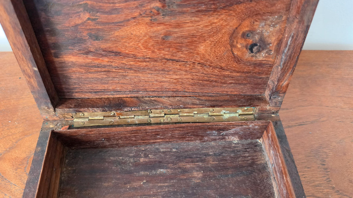 Vintage Wooden Trinket Box with Brass Inlay, Handcrafted Jewelry Box, Decorative Keepsake Box, Rustic Wood Storage Box, Mid Century Casket