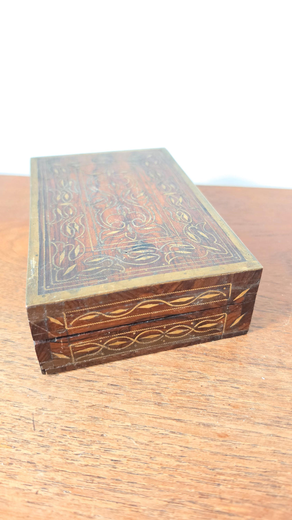 Vintage Wooden Trinket Box with Brass Inlay, Handcrafted Jewelry Box, Decorative Keepsake Box, Rustic Wood Storage Box, Mid Century Casket