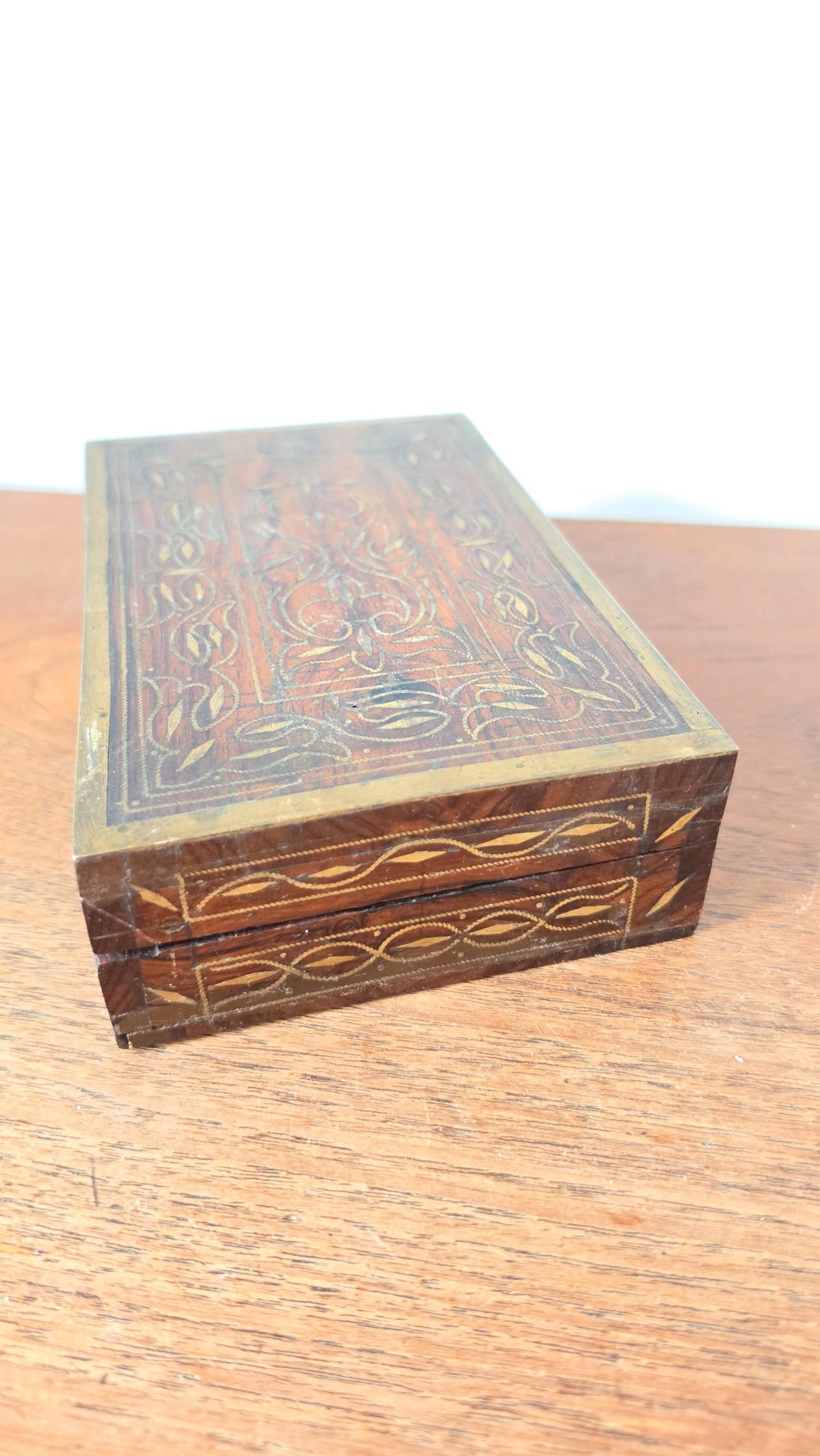 Vintage Wooden Trinket Box with Brass Inlay, Handcrafted Jewelry Box, Decorative Keepsake Box, Rustic Wood Storage Box, Mid Century Casket