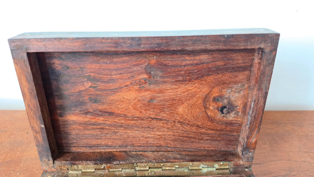 Vintage Wooden Trinket Box with Brass Inlay, Handcrafted Jewelry Box, Decorative Keepsake Box, Rustic Wood Storage Box, Mid Century Casket