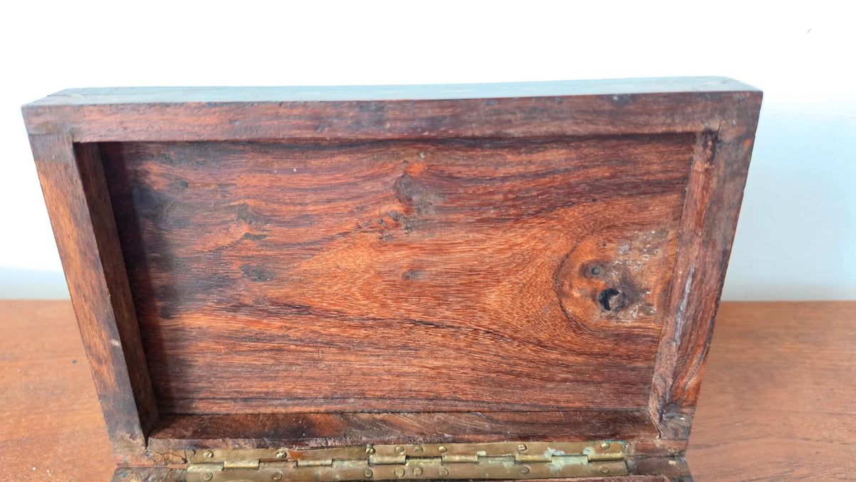 Vintage Wooden Trinket Box with Brass Inlay, Handcrafted Jewelry Box, Decorative Keepsake Box, Rustic Wood Storage Box, Mid Century Casket