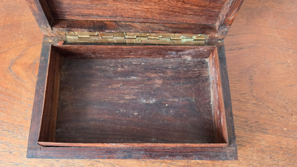 Vintage Wooden Trinket Box with Brass Inlay, Handcrafted Jewelry Box, Decorative Keepsake Box, Rustic Wood Storage Box, Mid Century Casket