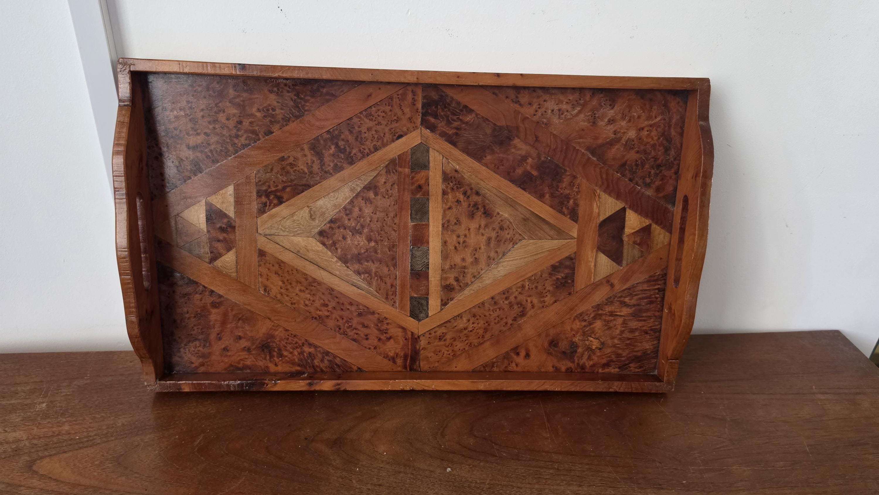 Antique Burl Wood Serving Tray, Marquetry Inlaid Wooden Tray, Art Deco Vanity Tray, Geometric Wood Inlay, Breakfast Serving, Gallery Tray