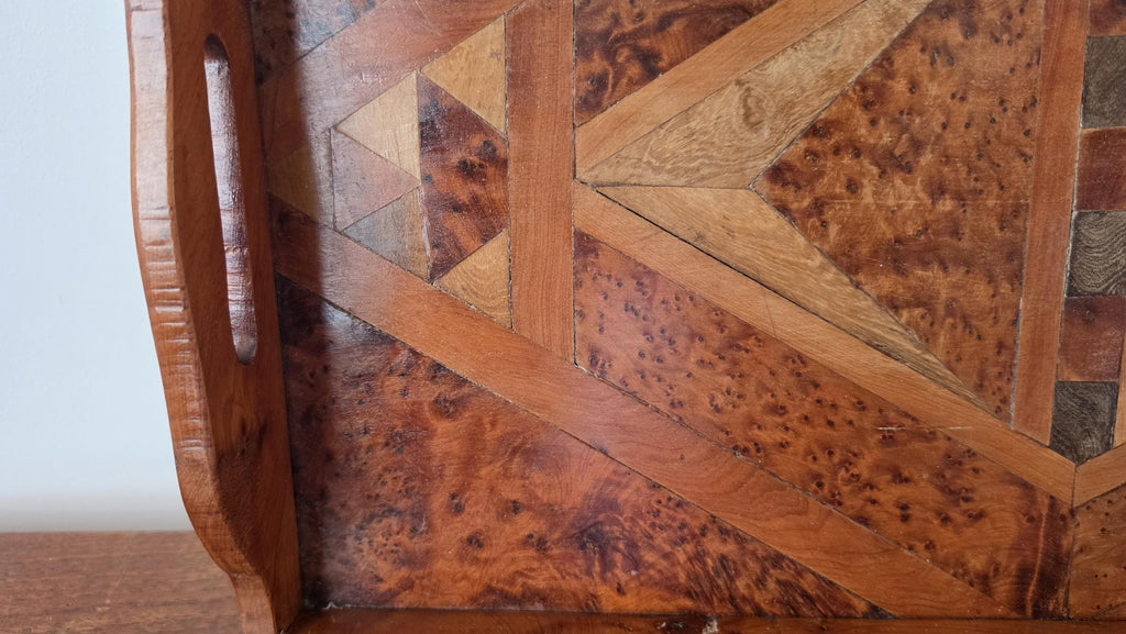 Antique Burl Wood Serving Tray, Marquetry Inlaid Wooden Tray, Art Deco Vanity Tray, Geometric Wood Inlay, Breakfast Serving, Gallery Tray