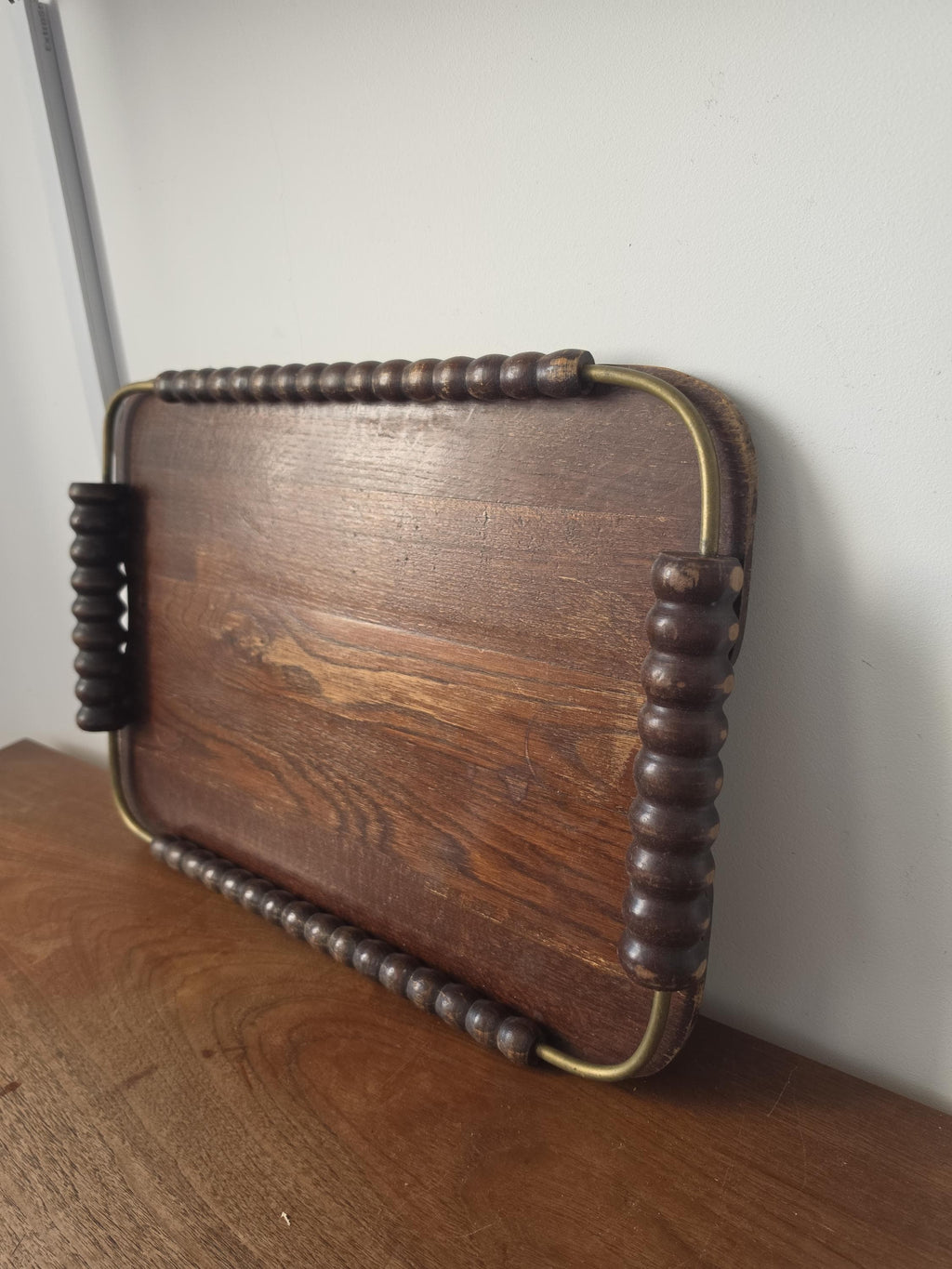 Vintage Wooden Serving Tray with Turned Wood Handles, Brass Gallery Tray, Rustic Farmhouse Serving Tray, Mid Century Wood Breakfast Tray