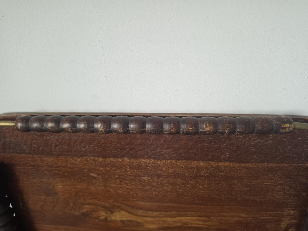 Vintage Wooden Serving Tray with Turned Wood Handles, Brass Gallery Tray, Rustic Farmhouse Serving Tray, Mid Century Wood Breakfast Tray