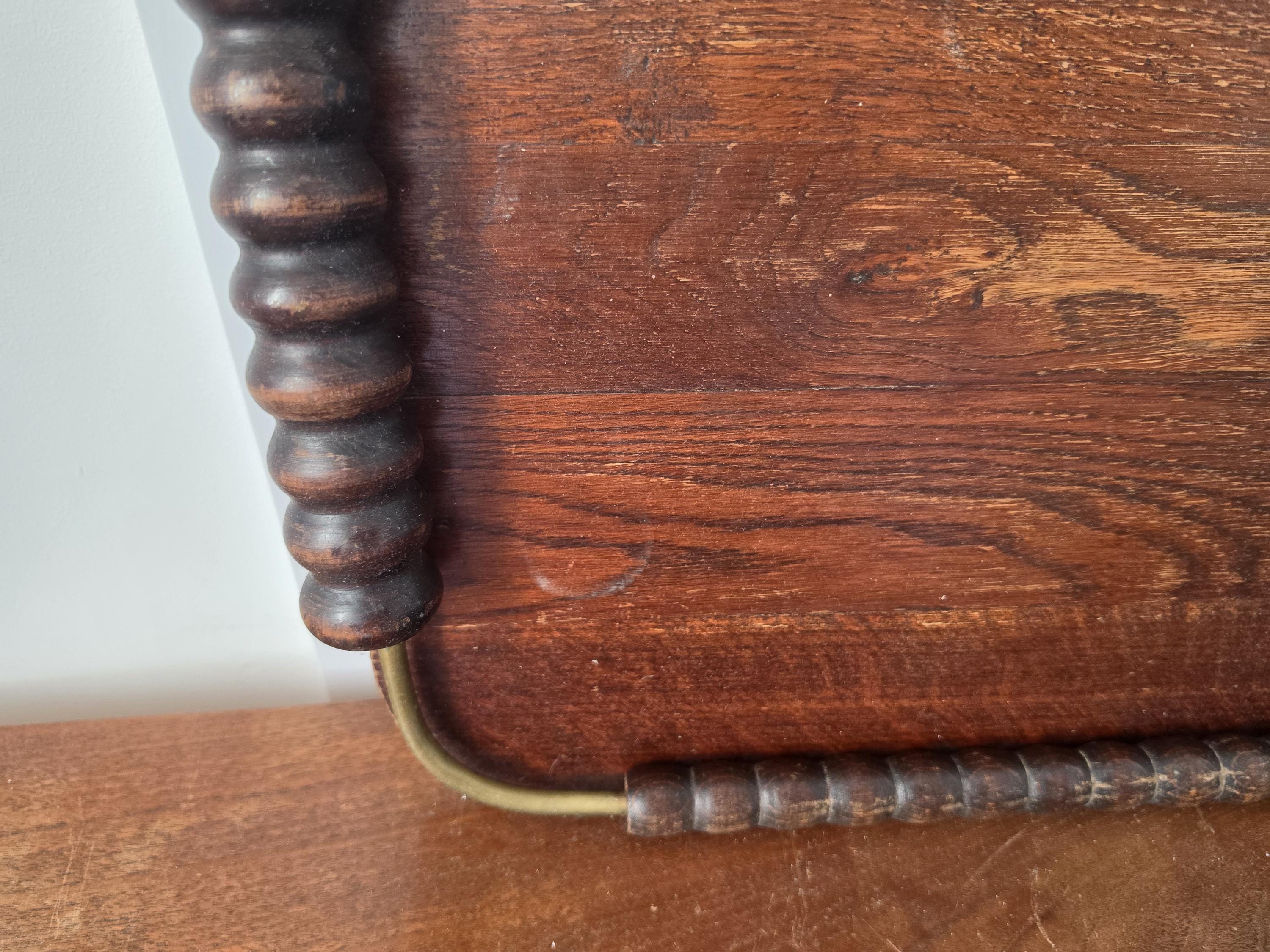Vintage Wooden Serving Tray with Turned Wood Handles, Brass Gallery Tray, Rustic Farmhouse Serving Tray, Mid Century Wood Breakfast Tray