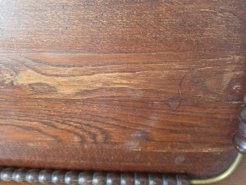 Vintage Wooden Serving Tray with Turned Wood Handles, Brass Gallery Tray, Rustic Farmhouse Serving Tray, Mid Century Wood Breakfast Tray