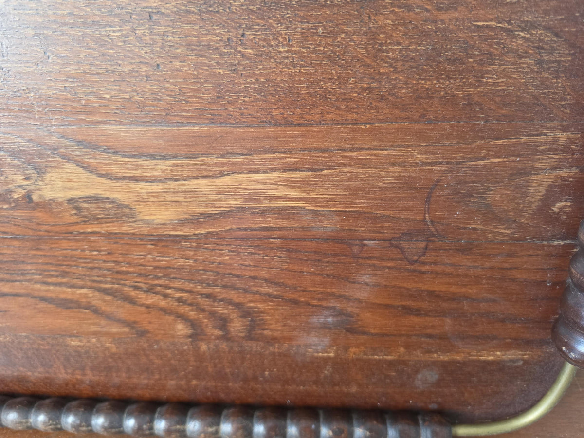 Vintage Wooden Serving Tray with Turned Wood Handles, Brass Gallery Tray, Rustic Farmhouse Serving Tray, Mid Century Wood Breakfast Tray