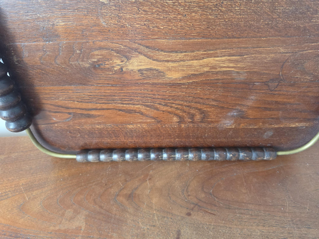Vintage Wooden Serving Tray with Turned Wood Handles, Brass Gallery Tray, Rustic Farmhouse Serving Tray, Mid Century Wood Breakfast Tray