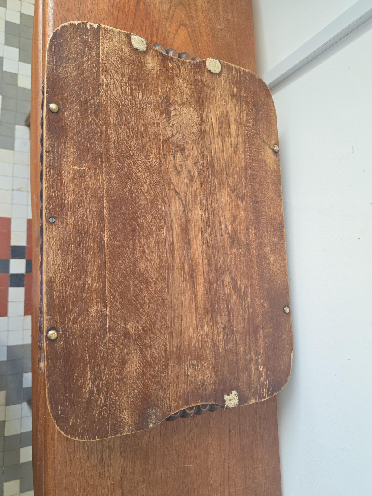 Vintage Wooden Serving Tray with Turned Wood Handles, Brass Gallery Tray, Rustic Farmhouse Serving Tray, Mid Century Wood Breakfast Tray