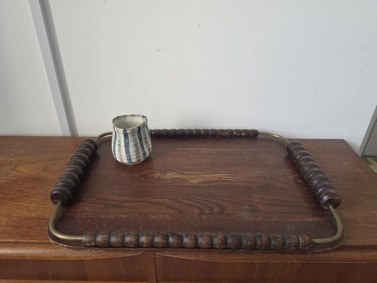 Vintage Wooden Serving Tray with Turned Wood Handles, Brass Gallery Tray, Rustic Farmhouse Serving Tray, Mid Century Wood Breakfast Tray