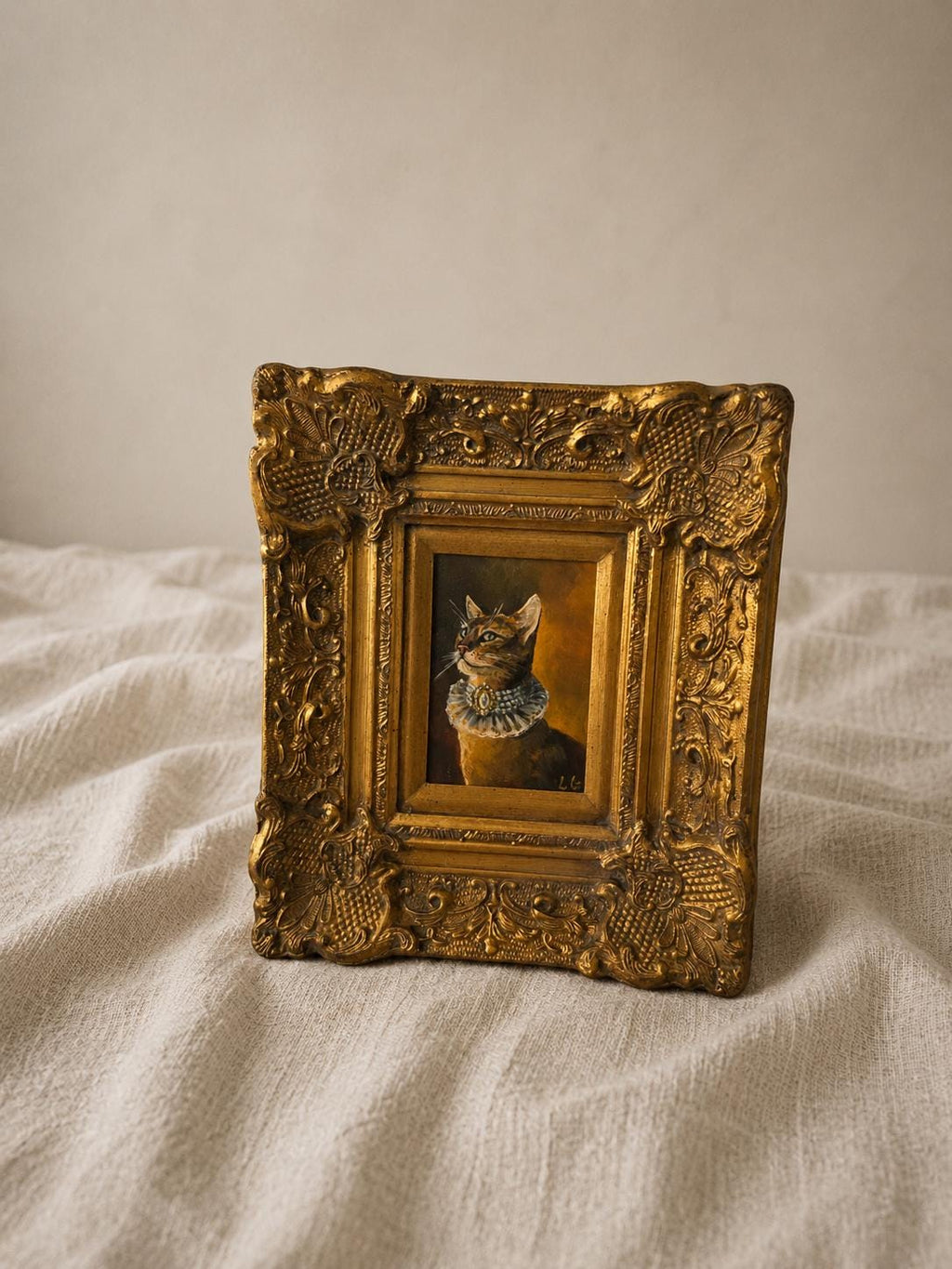 Original Miniature Oil Painting of Aristocrat Cat in Ornate Gold Frame