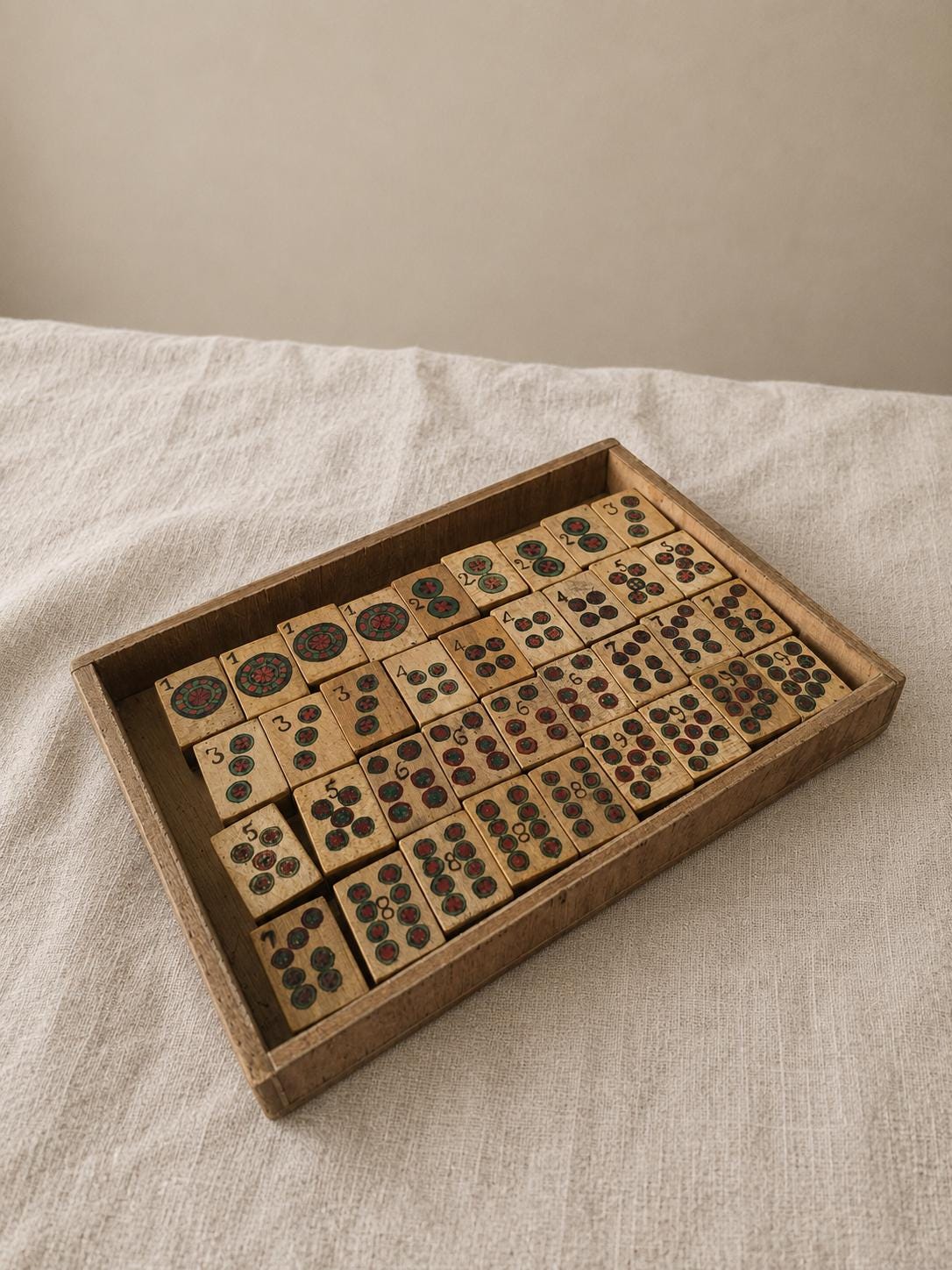 Vintage Japanese Mahjong Set in Red Wooden Cabinet, Complete Mah Jong Game, Hand Painted Bamboo Tiles, Mid Century Asian Decor