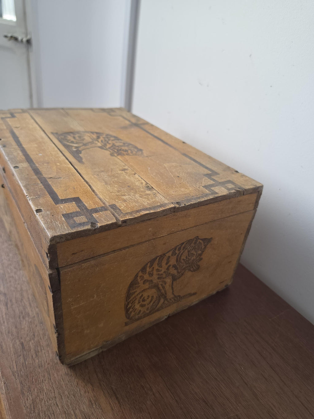 Antique French Wooden Storage Box, Amidon Au Chat Advertising Crate, Rustic Farmhouse Keepsake Chest, Primitive Tiger Decor
