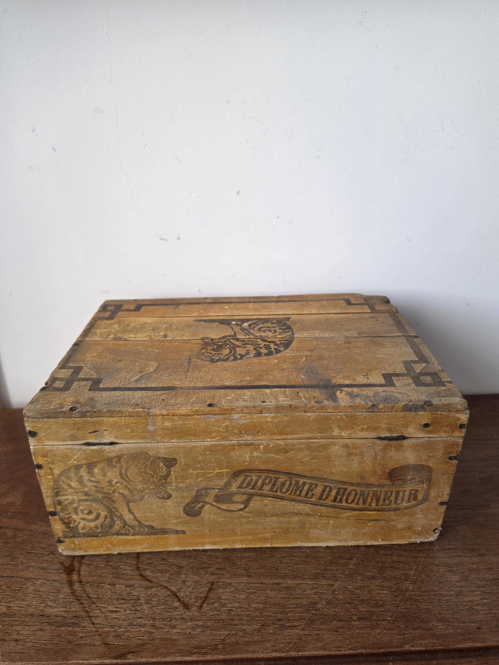 Antique French Wooden Storage Box, Amidon Au Chat Advertising Crate, Rustic Farmhouse Keepsake Chest, Primitive Tiger Decor