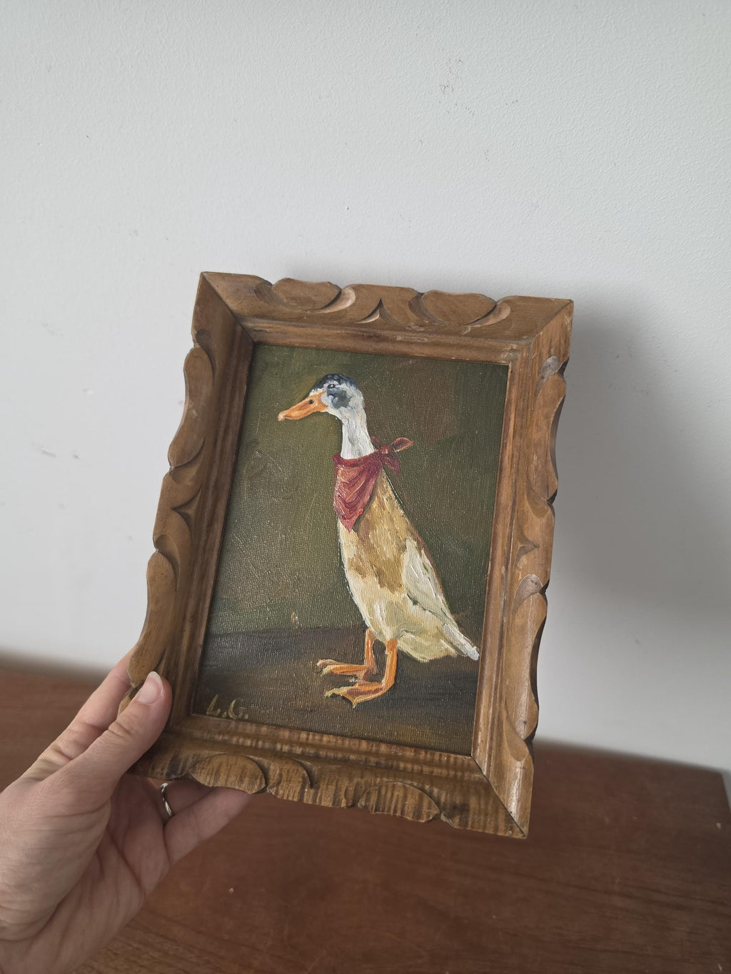 Original Duck Oil Painting in Vintage Carved Wood Frame, Folk Art Bird Portrait, Rustic Cottage Decor, Country Farmhouse Wall Art