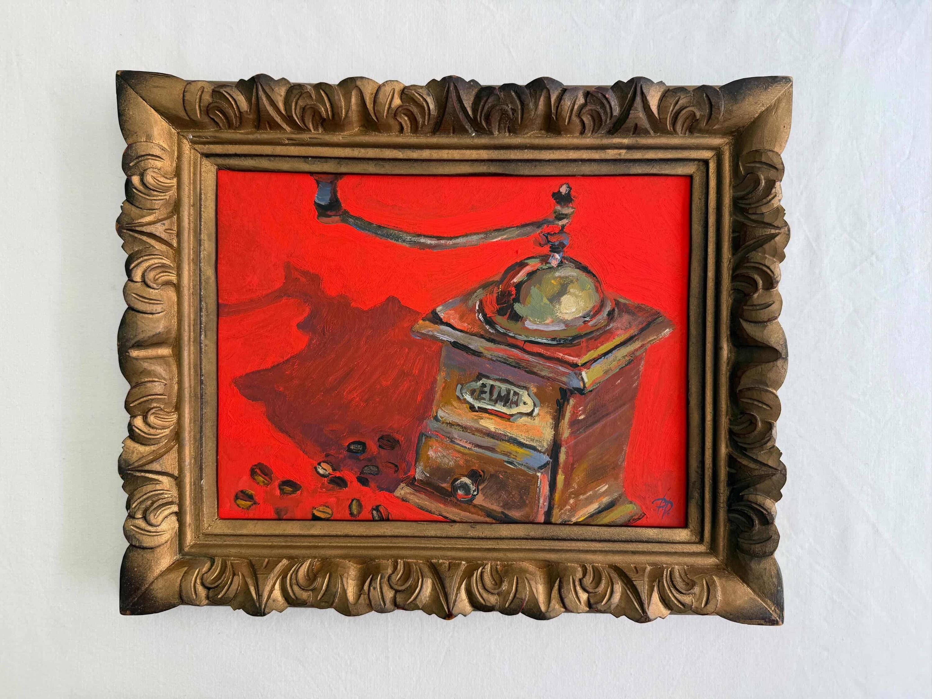 Original Oil Painting Coffee Grinder in Vintage Carved Wood Frame