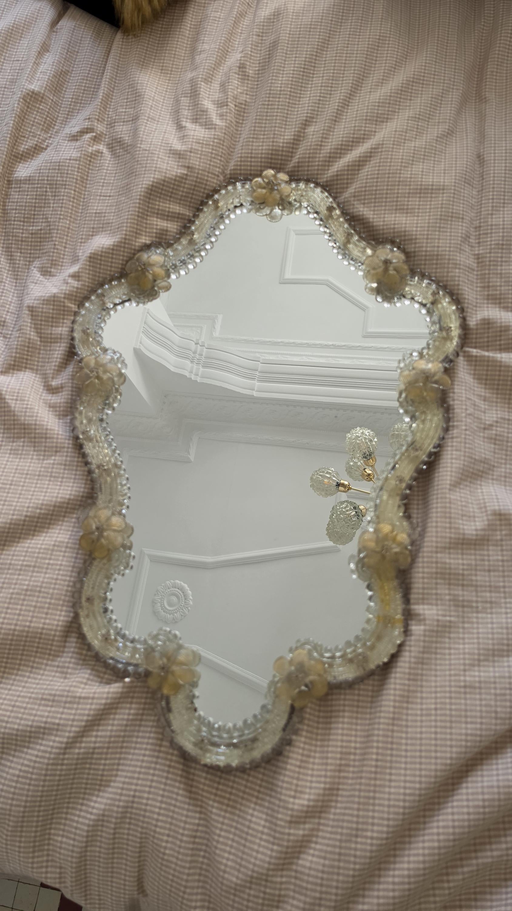 Vintage Murano Glass Mirror with Floral Details | Italian Venetian Mirror | Sculptural Wall Decor | Hollywood Regency Style