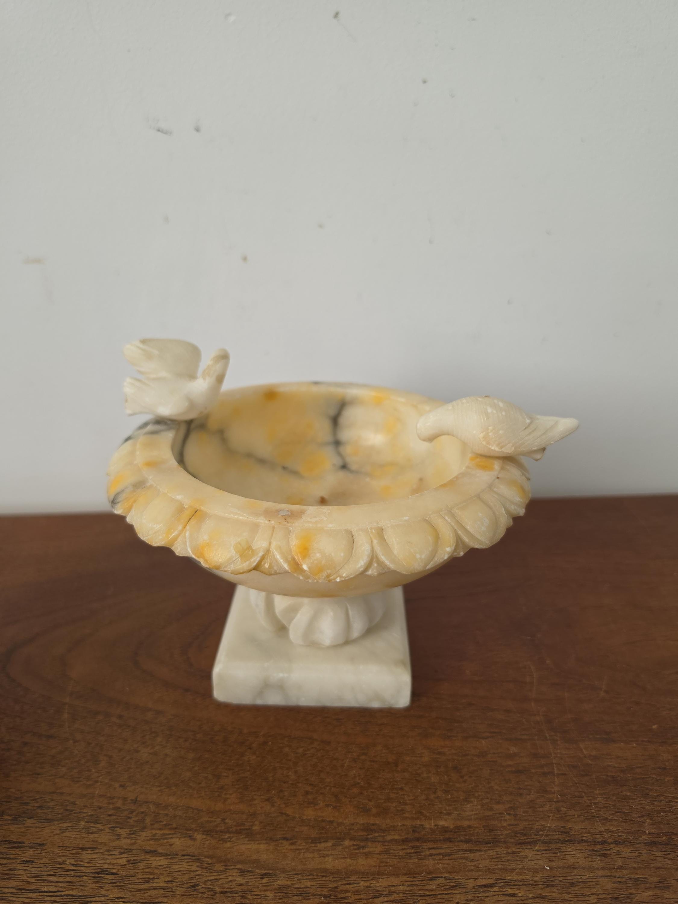 Vintage Italian Alabaster Bird Bath | Carved Stone Birds Dish | Decorative Pedestal Bowl | Romantic Vanity Accent