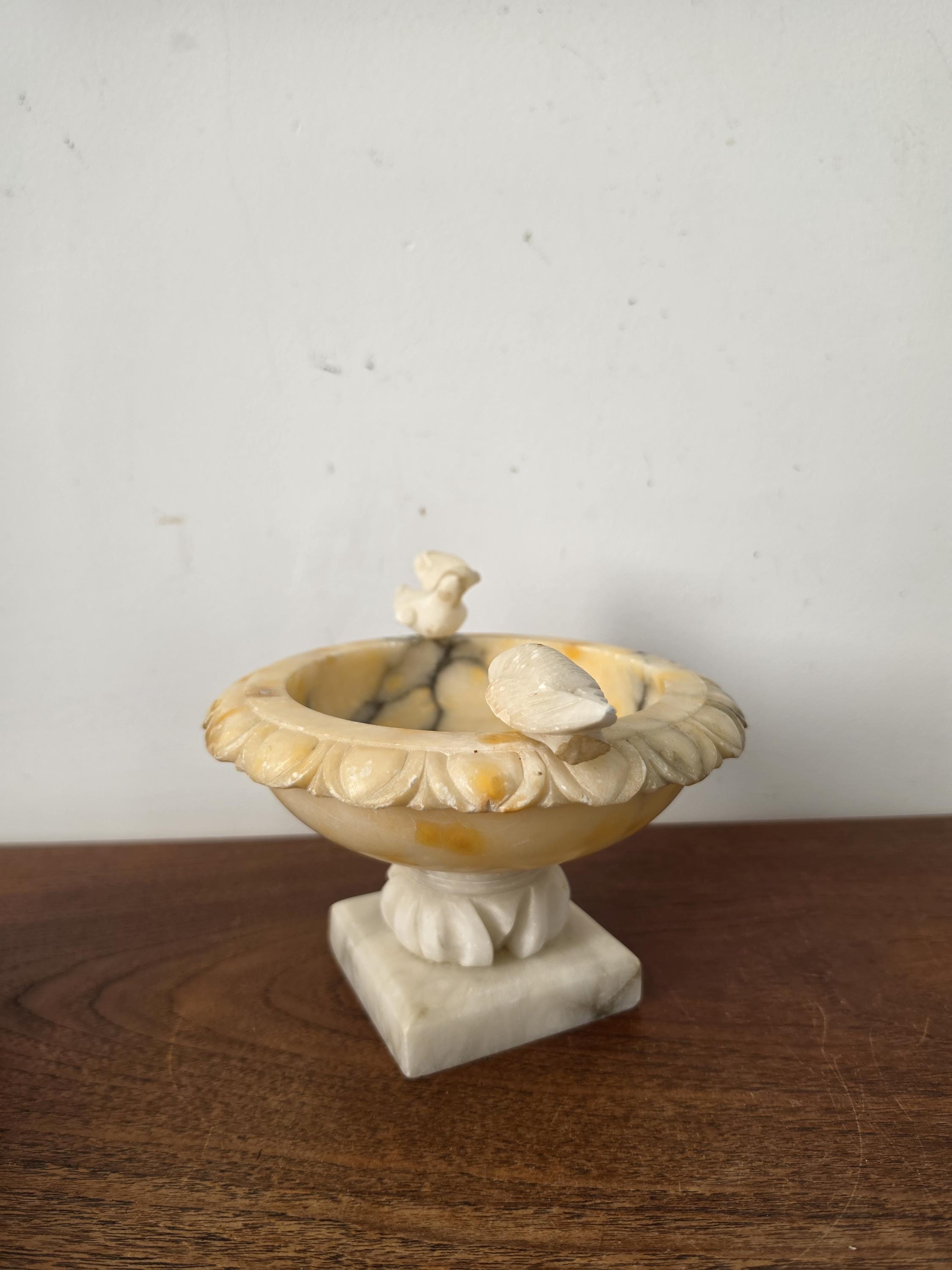 Vintage Italian Alabaster Bird Bath | Carved Stone Birds Dish | Decorative Pedestal Bowl | Romantic Vanity Accent