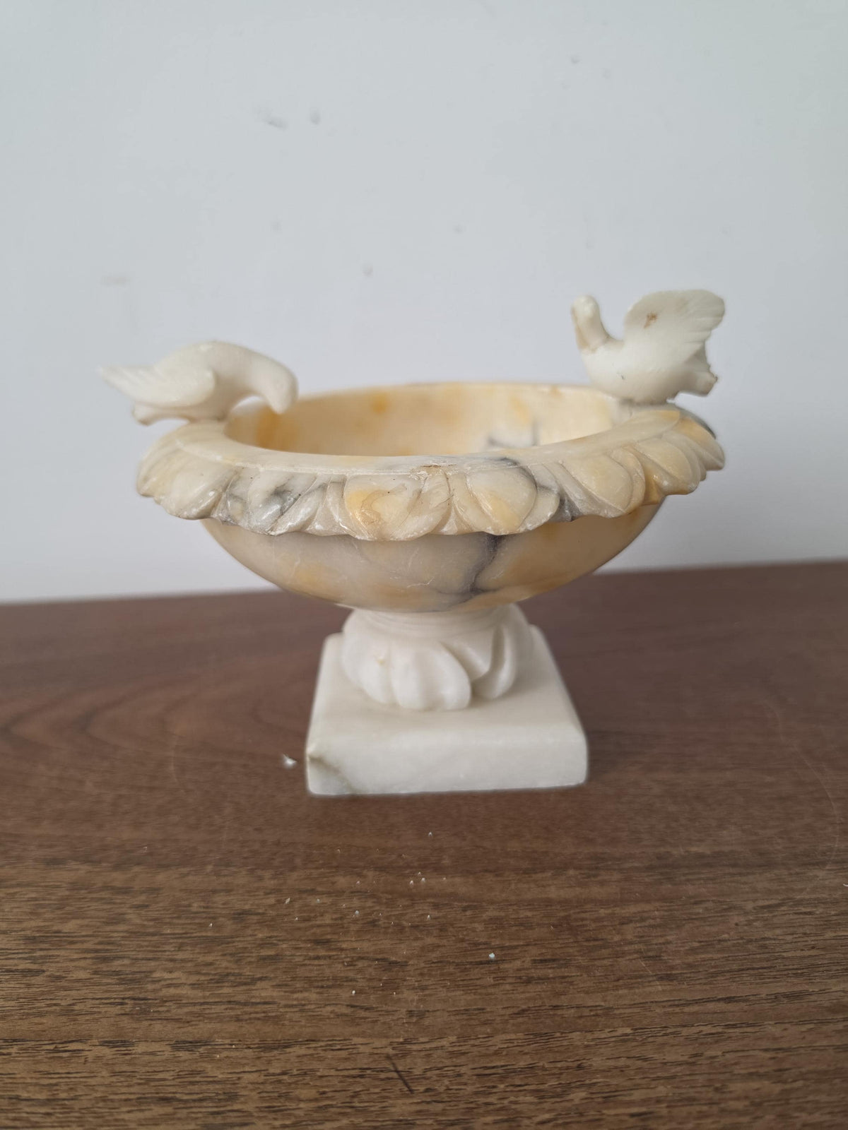 Vintage Italian Alabaster Bird Bath | Carved Stone Birds Dish | Decorative Pedestal Bowl | Romantic Vanity Accent