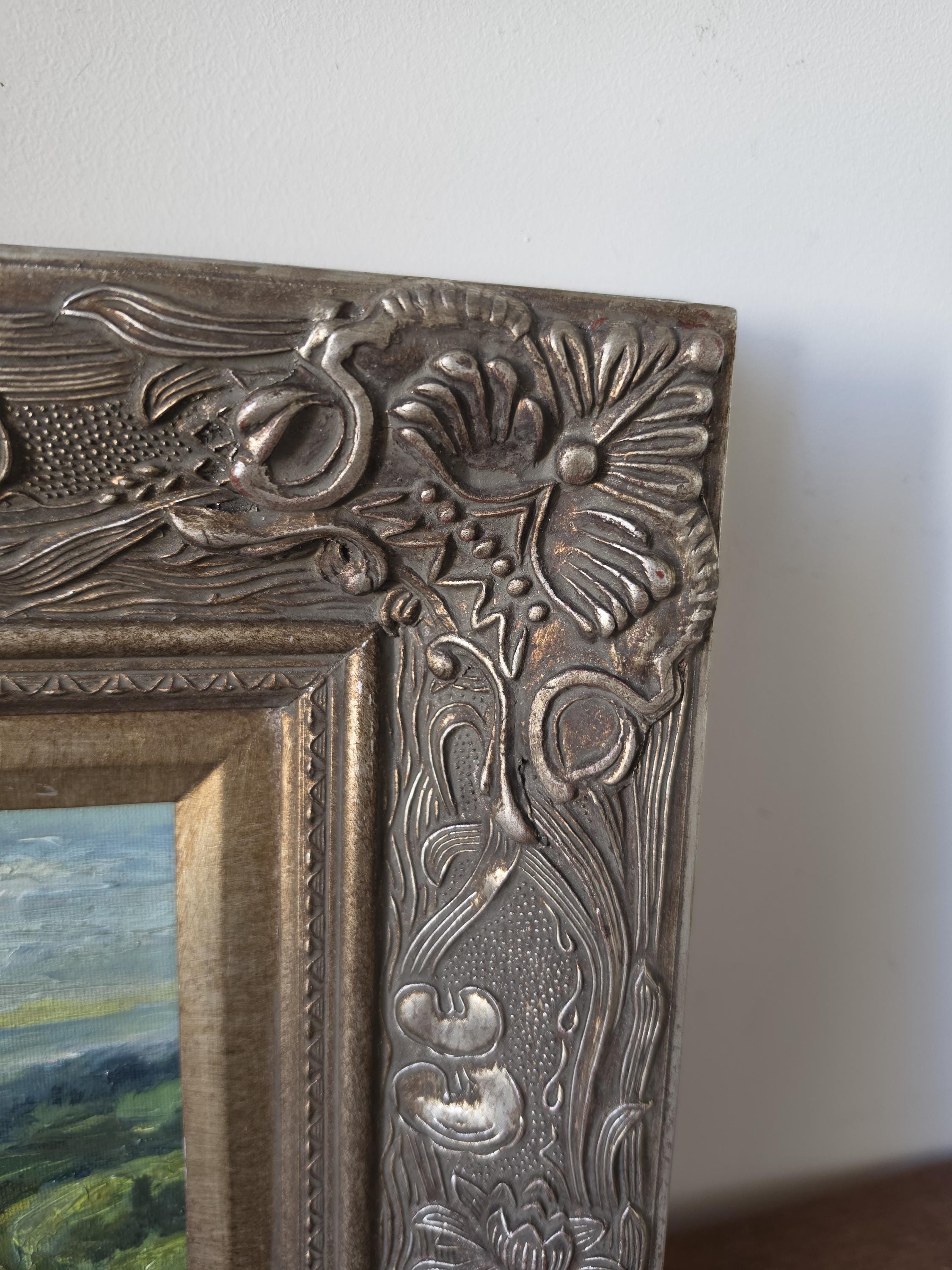 Original Landscape Oil Painting in Ornate Carved Wood Frame, Impressionist Countryside Artwork, Cottage Wall Decor, Nature Art