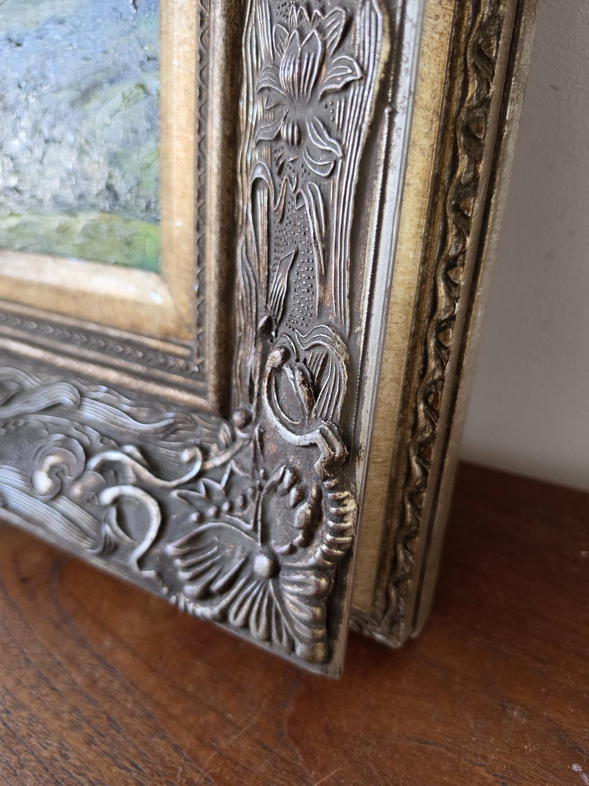 Original Landscape Oil Painting in Ornate Carved Wood Frame, Impressionist Countryside Artwork, Cottage Wall Decor, Nature Art