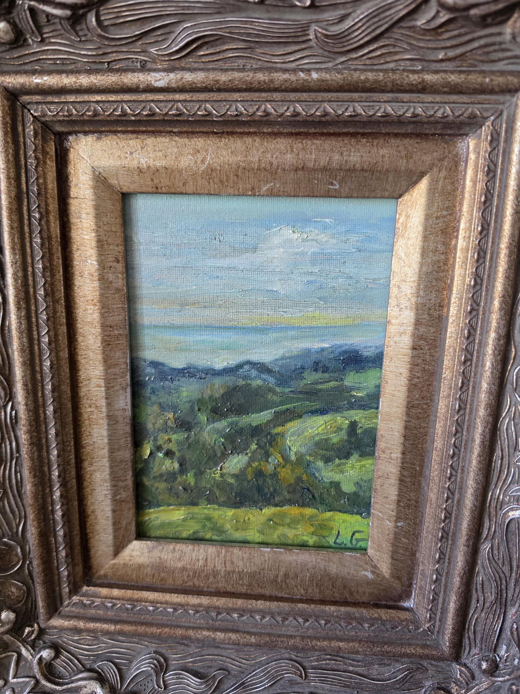 Original Landscape Oil Painting in Ornate Carved Wood Frame, Impressionist Countryside Artwork, Cottage Wall Decor, Nature Art