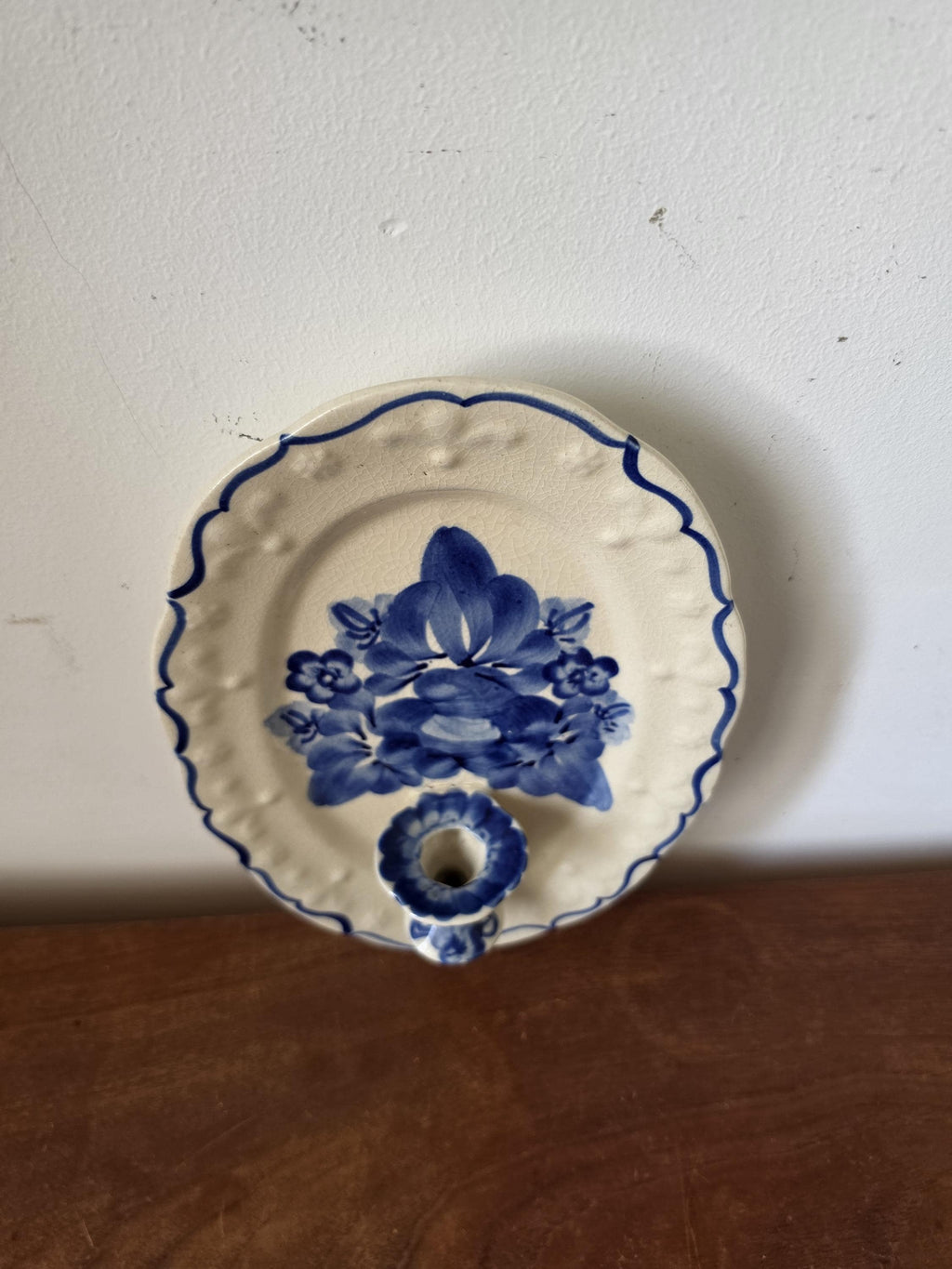 Vintage Blue & White Ceramic Wall Candle Sconce, Hand Painted Floral Taper Holder, Dutch Style Pottery, Cottage Decor