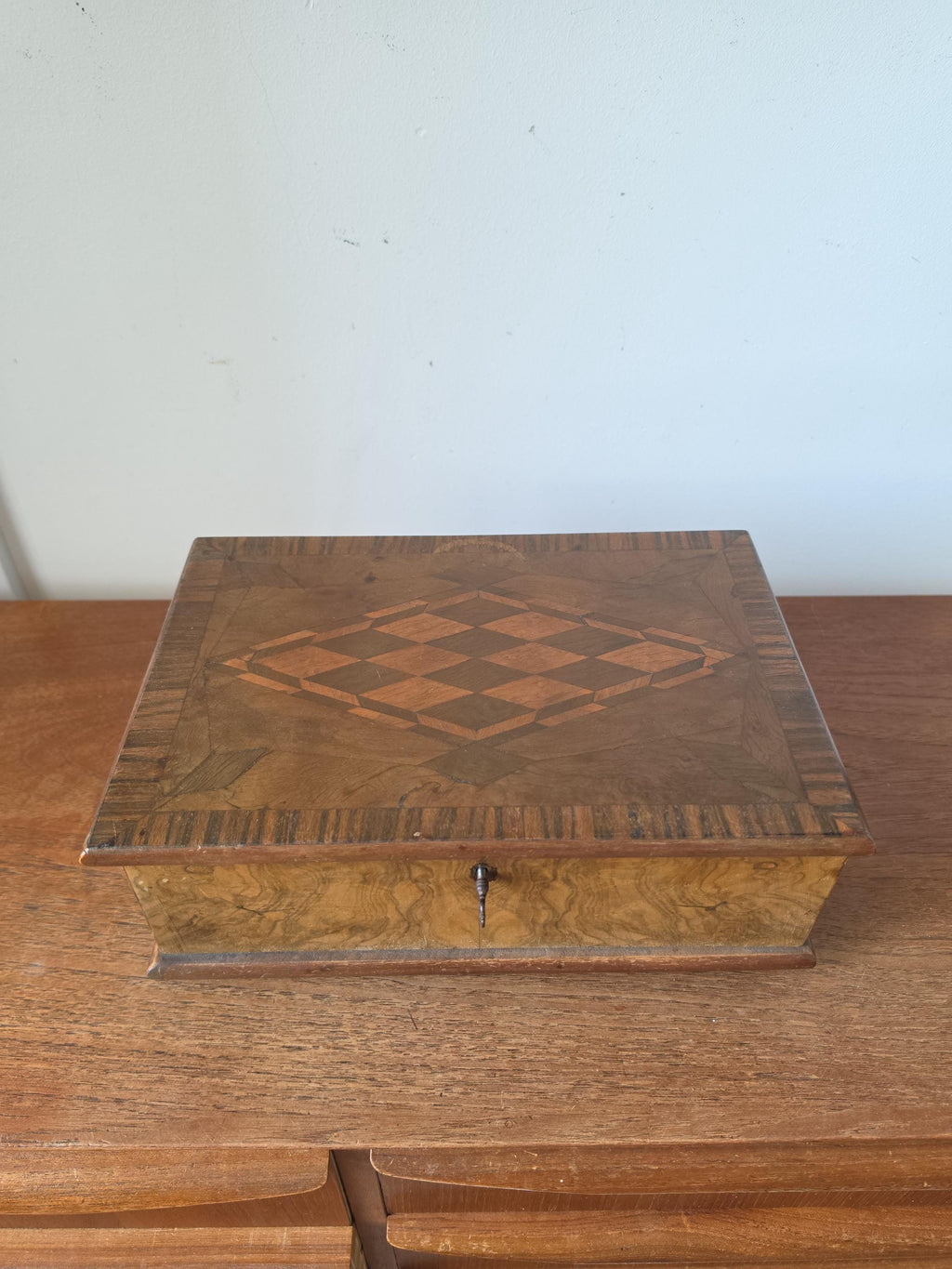 Antique Walnut Marquetry Jewelry Box with Key, Burl Wood Keepsake Box, Red Velvet Lined Locking Treasure Chest, Desk Box
