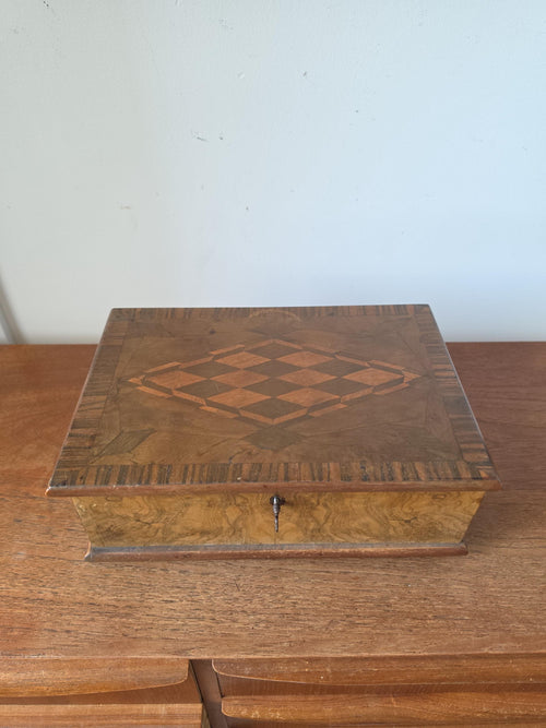 Antique Walnut Marquetry Jewelry Box with Key, Burl Wood Keepsake Box, Red Velvet Lined Locking Treasure Chest, Desk Box