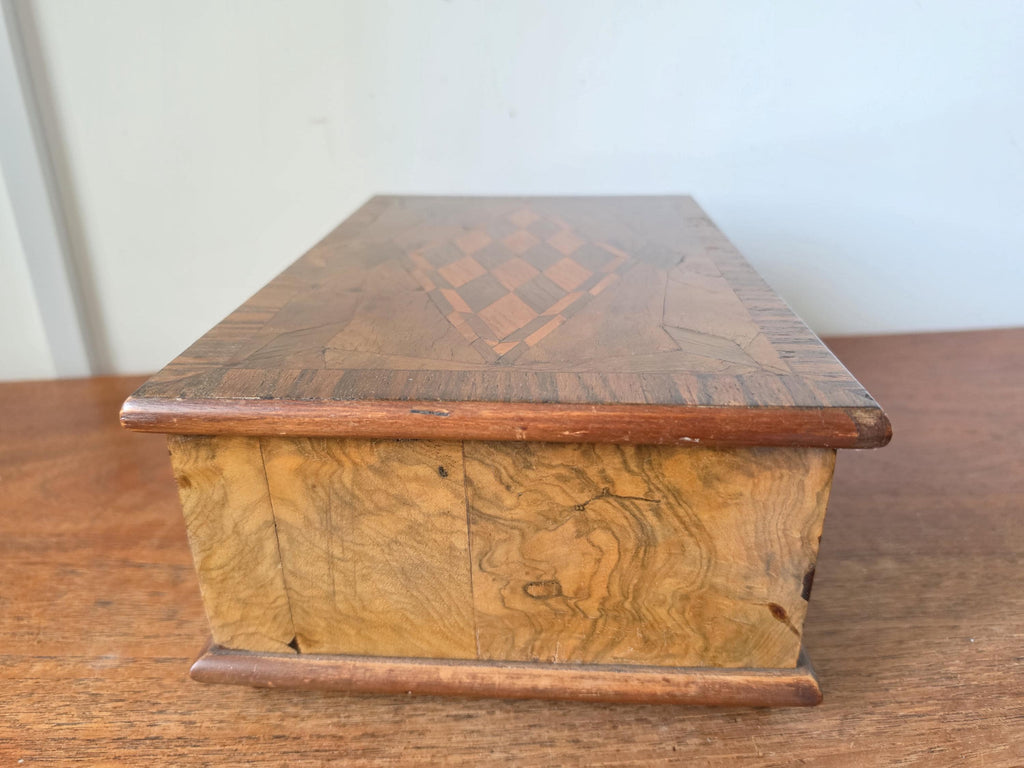 Antique Walnut Marquetry Jewelry Box with Key, Burl Wood Keepsake Box, Red Velvet Lined Locking Treasure Chest, Desk Box