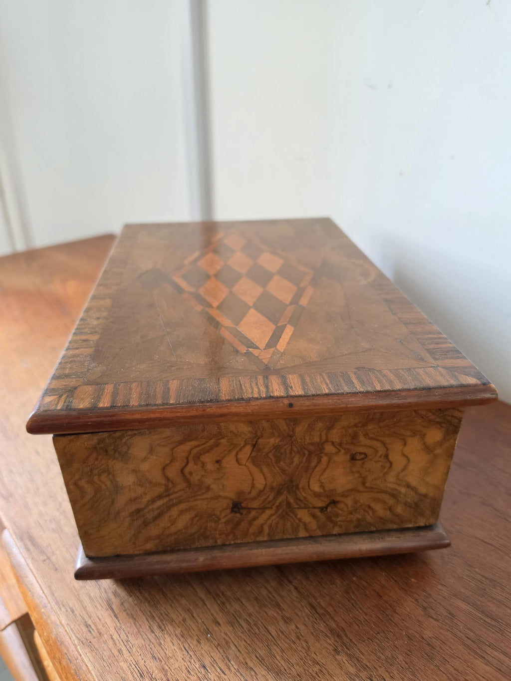 Antique Walnut Marquetry Jewelry Box with Key, Burl Wood Keepsake Box, Red Velvet Lined Locking Treasure Chest, Desk Box