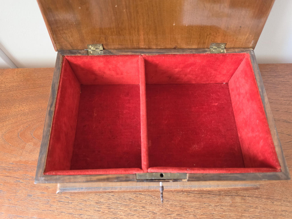 Antique Walnut Marquetry Jewelry Box with Key, Burl Wood Keepsake Box, Red Velvet Lined Locking Treasure Chest, Desk Box
