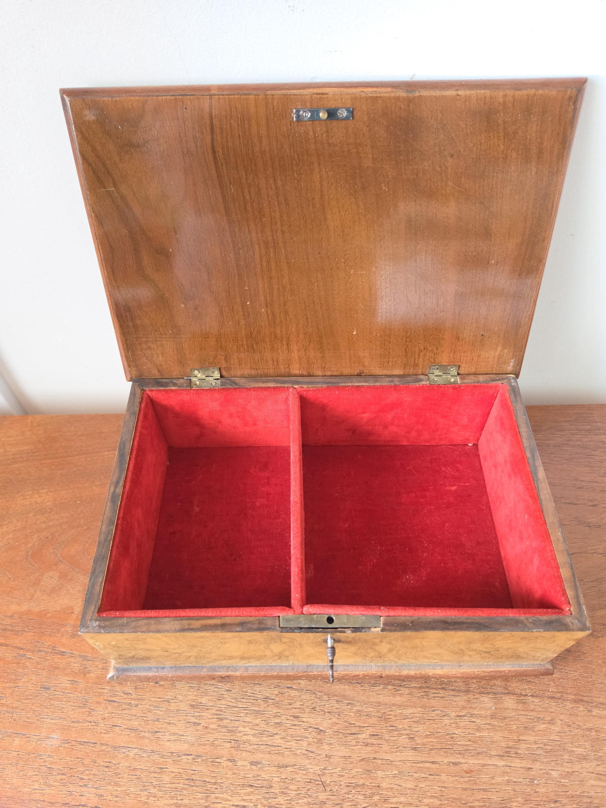 Antique Walnut Marquetry Jewelry Box with Key, Burl Wood Keepsake Box, Red Velvet Lined Locking Treasure Chest, Desk Box
