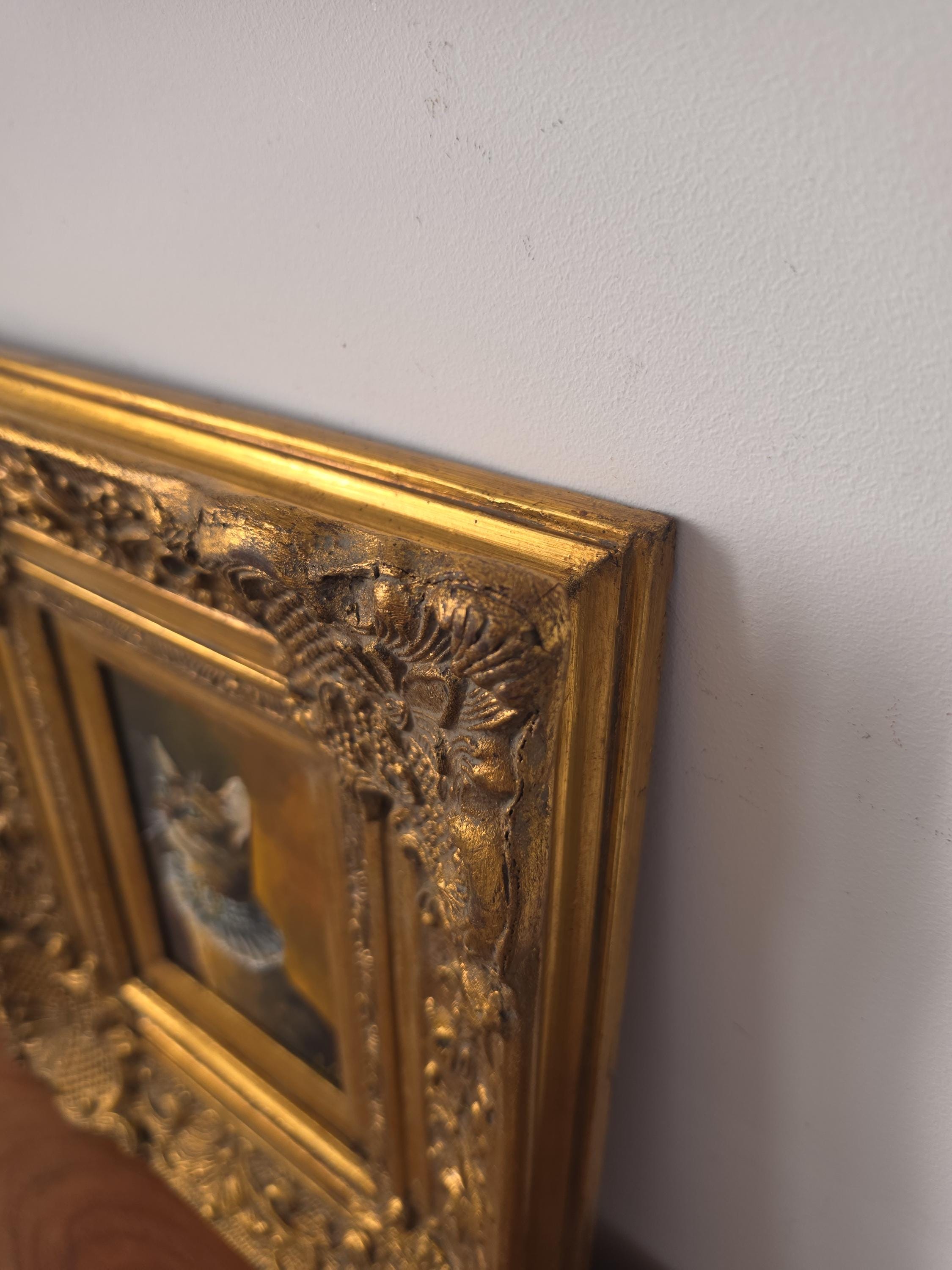 Original Miniature Oil Painting of Aristocrat Cat in Ornate Gold Frame, Victorian Style Cat Portrait, Framed Original Animal Art