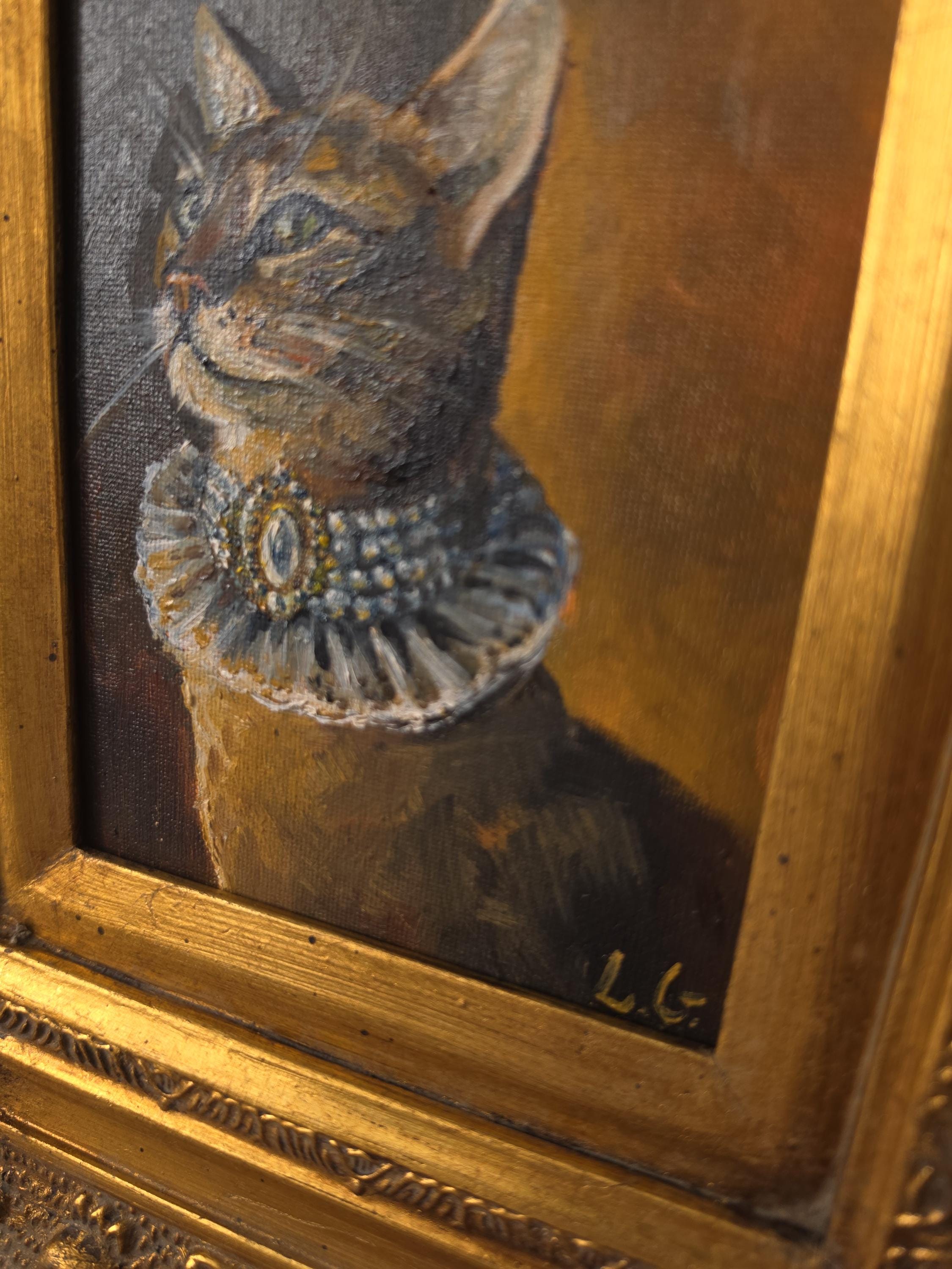 Original Miniature Oil Painting of Aristocrat Cat in Ornate Gold Frame, Victorian Style Cat Portrait, Framed Original Animal Art