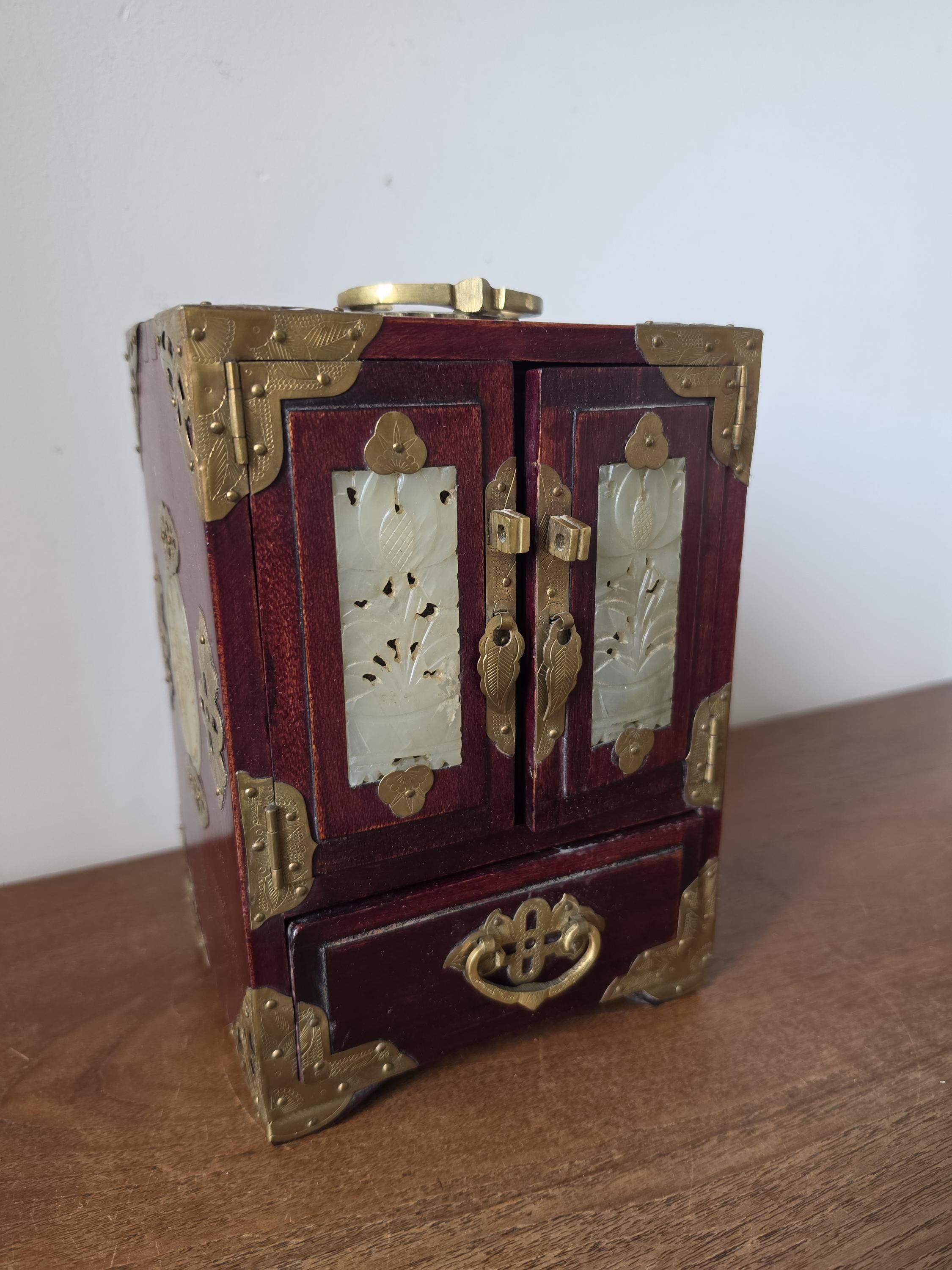 Vintage Chinese Jewelry Cabinet Wooden Keepsake Box Jade Panels Brass Mounted Miniature Apothecary Chest Asian Decor Locking Box