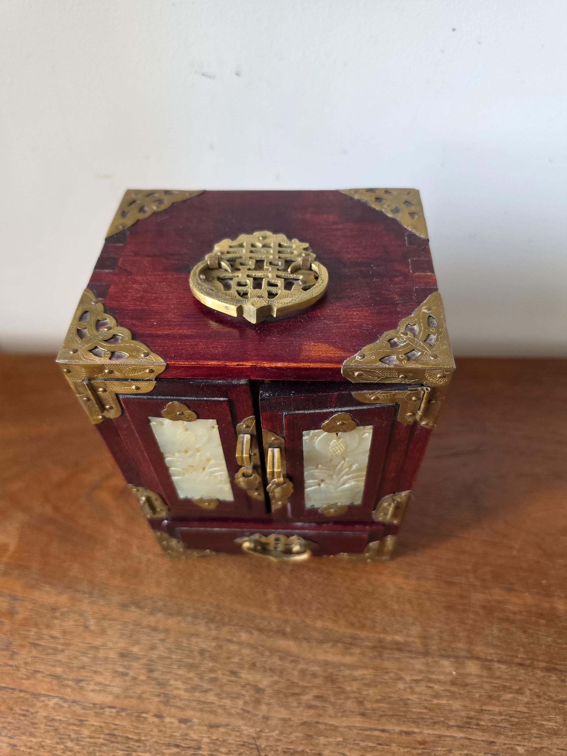Vintage Chinese Jewelry Cabinet Wooden Keepsake Box Jade Panels Brass Mounted Miniature Apothecary Chest Asian Decor Locking Box