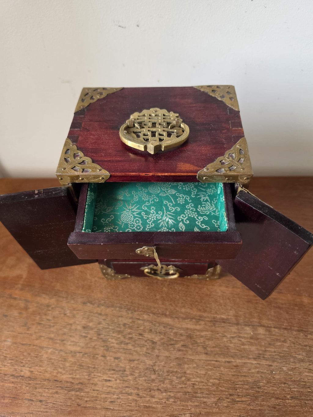Vintage Chinese Jewelry Cabinet Wooden Keepsake Box Jade Panels Brass Mounted Miniature Apothecary Chest Asian Decor Locking Box