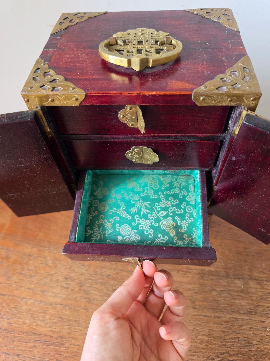 Vintage Chinese Jewelry Cabinet Wooden Keepsake Box Jade Panels Brass Mounted Miniature Apothecary Chest Asian Decor Locking Box