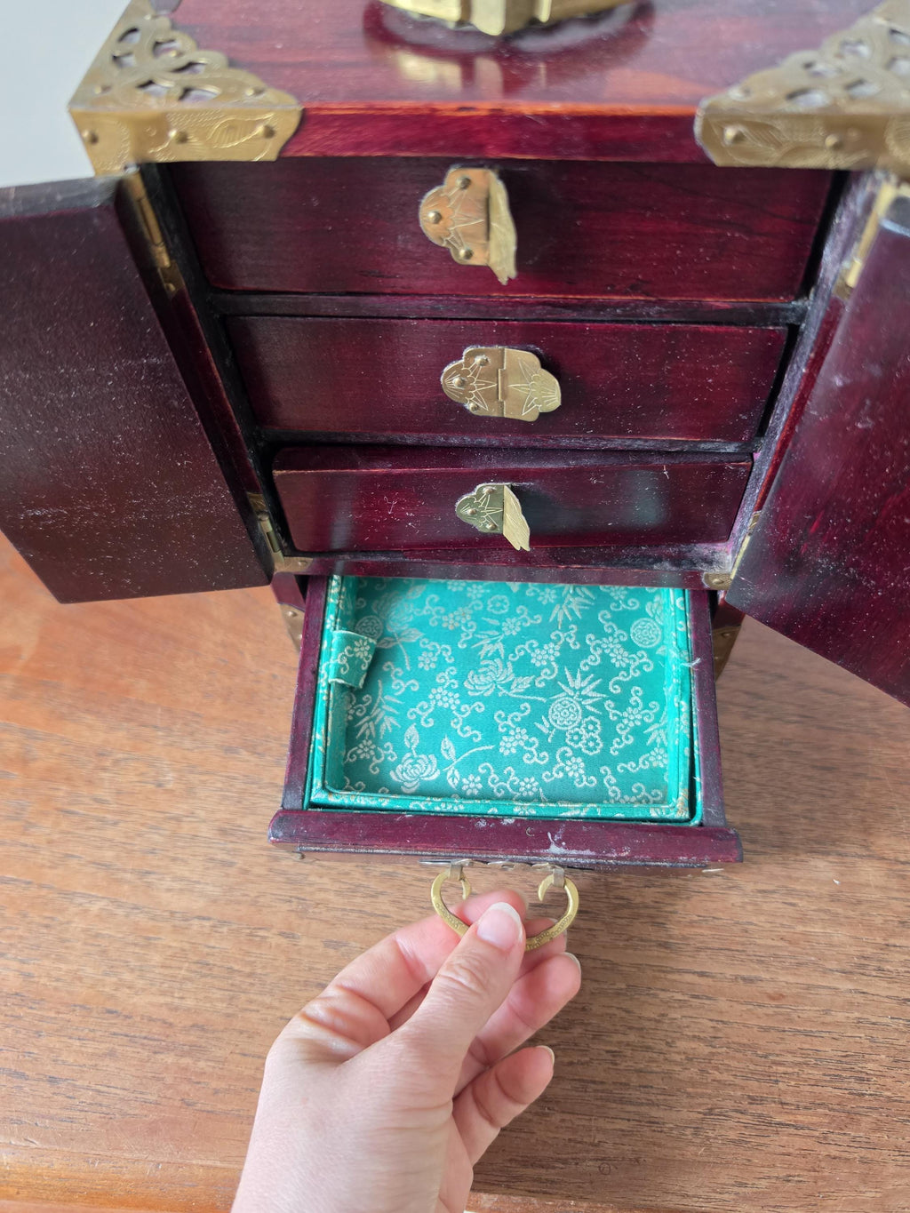 Vintage Chinese Jewelry Cabinet Wooden Keepsake Box Jade Panels Brass Mounted Miniature Apothecary Chest Asian Decor Locking Box